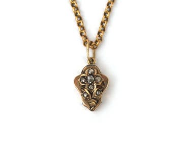14 krt. roségouden collier met antieke hanger met diamant, Gebruikt