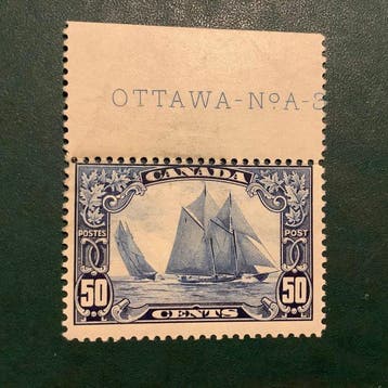 Canada 1929 - Blue Nose met bovenvelrand en druk inscriptie, Gestempeld