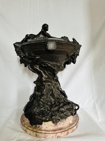 Emile Valoer - sculptuur, Doopfont - 54 cm - Brons, Marmer -