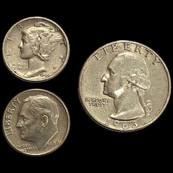 Verenigde Staten. Dime x2, 1/4 Dollar 1944, 1963, 1964.