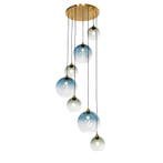 Art Deco Hanglamp messing met blauw glas rond 7-lichts -, Verzenden, Nieuw, Glas, Art Deco