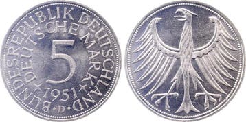 5 Mark Duitsland 5 Dm 1951 D bfr/stgl Ea Erstabschlag J 3..., Verzenden