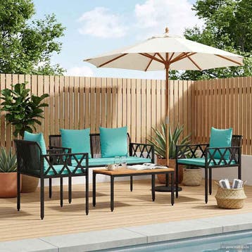 vidaXL Tuinmeubelset 4 st Zwart en Turquoise poly rattan, Verzenden, Nieuw, Rotan, 4 zitplaatsen