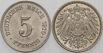 5 Pfennig 1910 E Kleinmunten-kaiserreich Grosser Adler, Verzenden