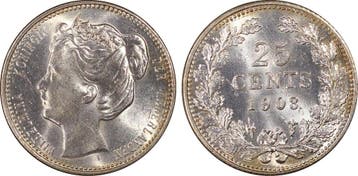 Koningin Wilhelmina 25 cent 1903 MS64 PCGS Gecertificeerd, Verzenden, Zilver, 25 cent, Koningin Wilhelmina