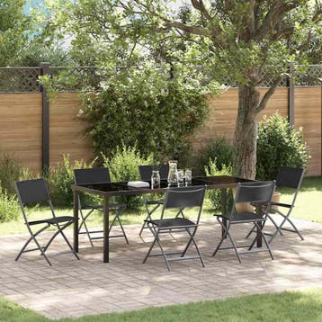 vidaXL Tuin eettafelset 7 st Zwart Gepoedercoat staal, Verzenden, Nieuw, Textileen, 7 zitplaatsen