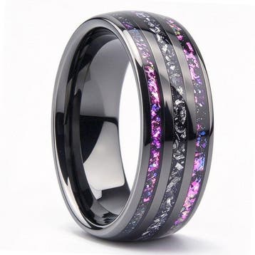 Zwarte Wolfraamring met Meteoriet- en Paarse Opal-inlays