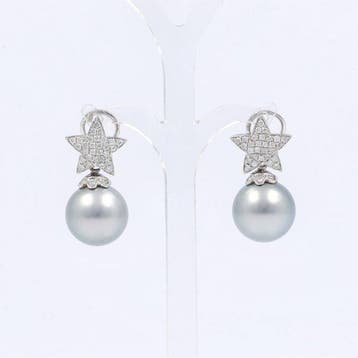 Oorbellen - 18 karaat Witgoud Diamant (Natuurlijk) - Parel, Nieuw