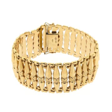 Gouden brede schakelarmband, Ophalen of Verzenden, Gebruikt, Goud, Goud