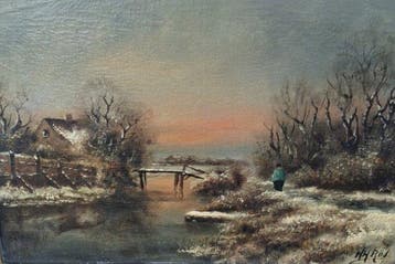 H.H.Ros (1872 -1964) - Winterlandschap bij ondergaande zon,