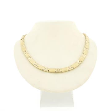 Bicolor gouden fantasieschakel collier. (Ketting), Sieraden, Tassen en Uiterlijk, Kettingen, Ophalen of Verzenden, Gebruikt, Overige kleuren
