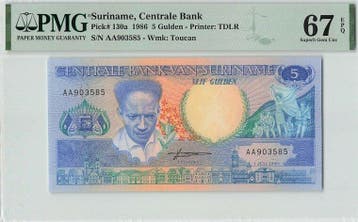 1986 Suriname 5 Gulden Pick 130a Pmg Superb Gem Unc 67 Epq, Verzenden