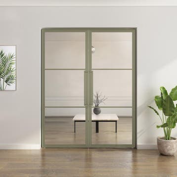 Dubbele stalen taatsdeur 3 Vlaks Olijfgroen Helder glas, Nieuw, Metaal, Overige typen, 200 tot 215 cm