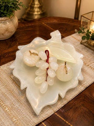 Handcrafted Himalayan White Onyx Marble Fruit Set with Leaf