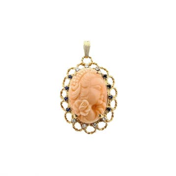 Antiek gouden hanger met camee, saffier en diamanten; 0,2..., Ophalen of Verzenden, Gebruikt, Goud, Overige merken