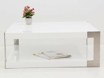 Bijzettafel salontafel 90x90cm (bxd), hoogglans wit met RVS, Ophalen of Verzenden, Gebruikt