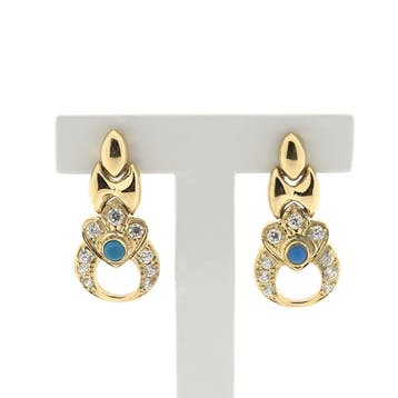 Gouden oorbellen met zirconia en turquoise, Gebruikt, Ophalen of Verzenden, Met edelsteen, Goud