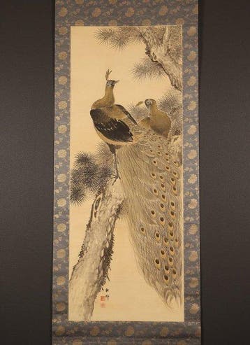 Large and very fine painting Two Peacocks And Old Pine