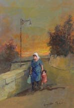 Aniello Eco (1919-2000) - Donna e Bambino al Tramonto