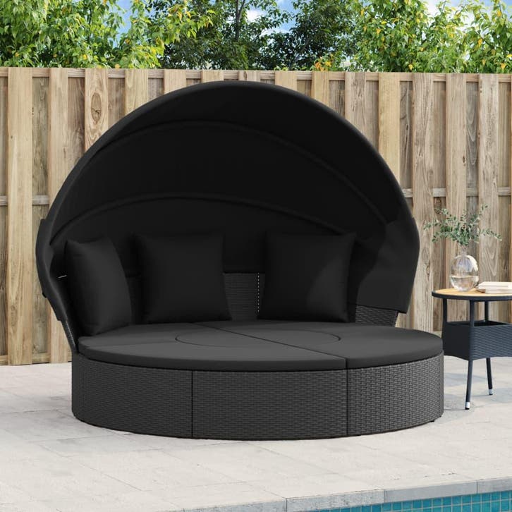 vidaXL Loungebed met luifel en kussens poly rattan zwart, Tuin en Terras, Ligbedden, Nieuw, Verzenden