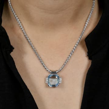 Fope witgouden Mesh schakelcollier met aquamarijn en diam..., Sieraden, Tassen en Uiterlijk, Kettingen, Gebruikt, Overige kleuren