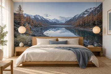 Fotobehang bergmeer – bergen en herfstbomen behang, Verzenden, Fotobehang