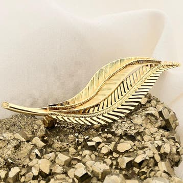Vintage gouden broche dubbele veer; 14 karaat, Ophalen of Verzenden, Gebruikt, Goud, Goud
