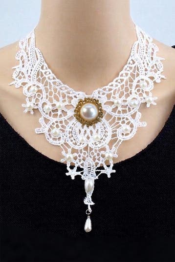 KIMU® Ketting Kant Wit Goud Steen Steampunk Lolita Witte Kan, Kunststof, Verstelbaar, Wit, Nieuw
