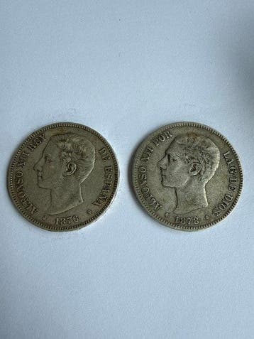 Spanje. Alfonso XII. 5 Pesetas 1876-1878 (2 monedas) (Zonder
