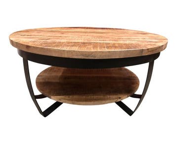 Salontafel Paras rond mangohout zwart metaal 90 cm - Naturel, Ophalen of Verzenden, Nieuw