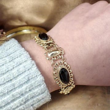 Vintage gouden bootjes armband met granaat (Schakelarmband), Gebruikt, Ophalen of Verzenden, Met edelsteen, Goud
