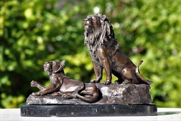 sculptuur, sculptuur leeuw en leeuwin - 17 cm - Brons, Antiek en Kunst