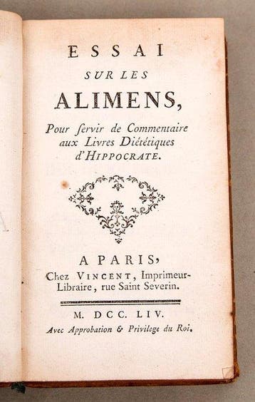 Hippocrate - Essai sur les alimens - 1754