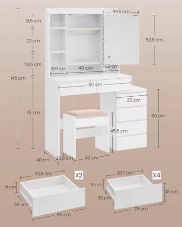 Make-uptafel met LED spiegel, lades, opbergvakken en kruk, Verzenden, Nieuw