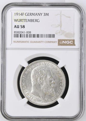 Duitsland, Württemberg Wilhelm II. 3 Mark 1914 - NGC AU58