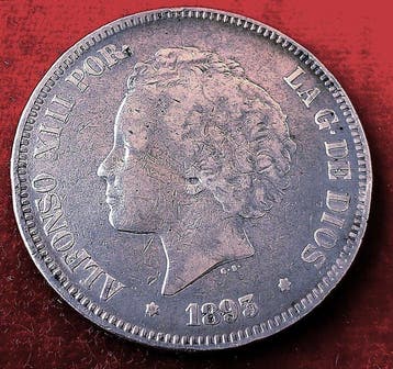 Spanje. Alfonso XIII. 5 Pesetas 1893 PGV (Zonder