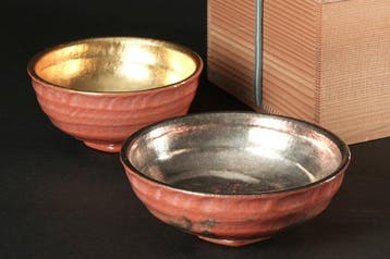 Theekom - Shimadai Raku theebowls – paar goud- en zilverblad
