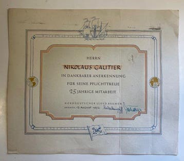 Johannes Kulenkampff - Norddeutscher Lloyd - Urkunde zur 25