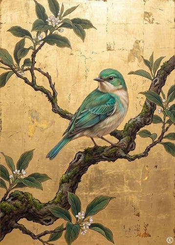 Kleury.art - [XL Canvas] The Emerald Songbird on Gold Leaf, Nieuw