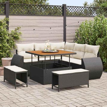 vidaXL Tuin Sofa Set met kussen 8 pcs Zwart en Crème poly, Verzenden, Nieuw, Rotan, 8 zitplaatsen