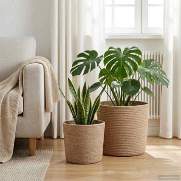 vidaXL Plantenpot Set 2 st Naturel Ø 28 x 28 cm 100% Tossa, Verzenden, Nieuw, Minder dan 30 cm