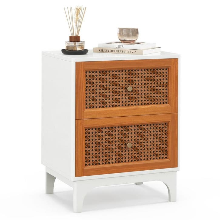 2dekans | Coast Rotan Nachtkastje Boho Wit & Bruin, Huis en Inrichting, Slaapkamer | Nachtkastjes, Zo goed als nieuw, Ophalen of Verzenden