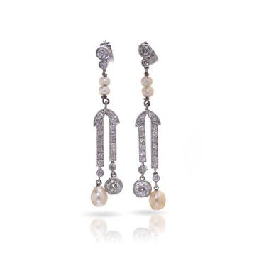 Oorbellen Belle Époque platina diamant en natuurlijke parel, Nieuw