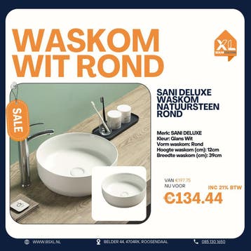 Witte ronde waskom incl. clickwaste 39 cm - OUTLET, Minder dan 50 cm, Nieuw, Ophalen of Verzenden, Minder dan 25 cm
