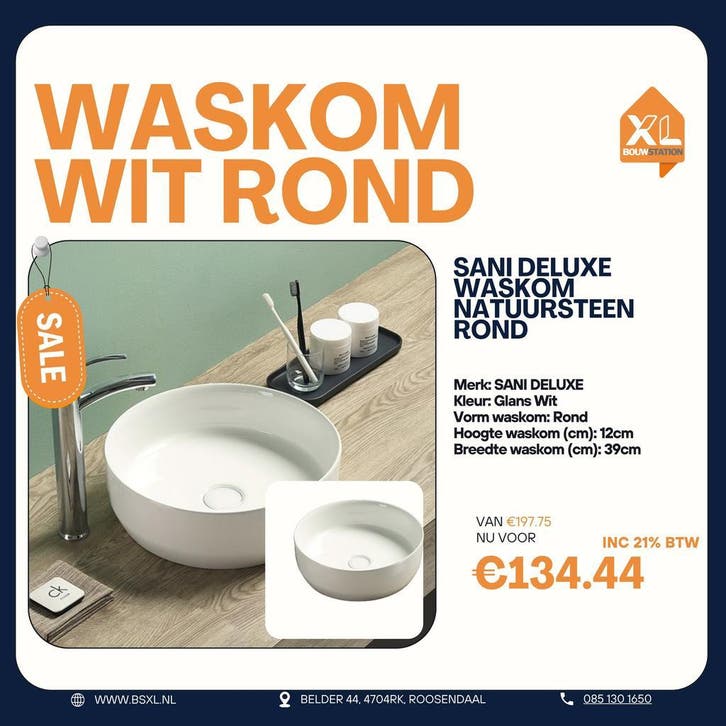 Witte ronde waskom incl. clickwaste 39 cm - OUTLET, Huis en Inrichting, Badkamer | Badkamermeubels, Minder dan 25 cm, Nieuw, Wasbak of Wastafel
