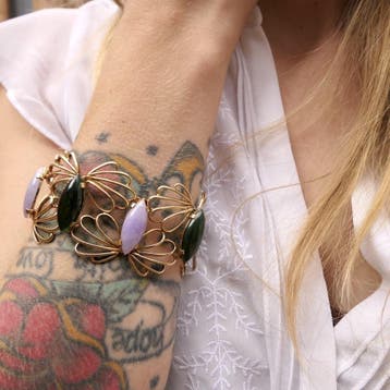 Gouden armband met amethist en jade (Schakelarmband), Sieraden, Tassen en Uiterlijk, Armbanden, Gebruikt, Ophalen of Verzenden