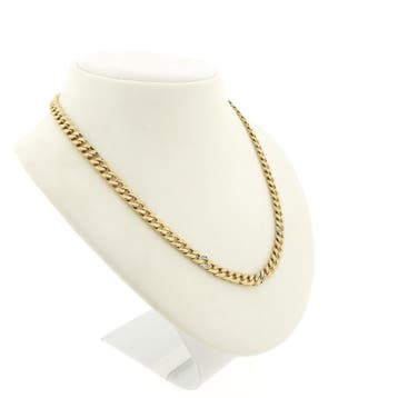 Bicolor gouden gourmetschakel ketting met diamant; 0,03 ct., Gebruikt, Ophalen of Verzenden, Met edelsteen, Goud