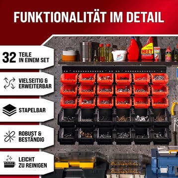 Gereedschapswand 32-delig Zwart Rood Kunststof Opbergbox, Verzenden, Nieuw