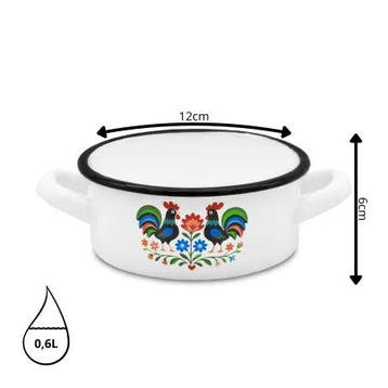 Emaille Kookpan 12 cm 0,6 Liter – Wit met Folk Haanmotief –, Ophalen of Verzenden, Nieuw