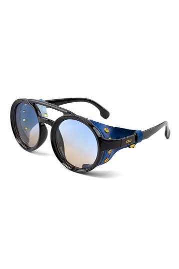 Motor Ronde Zonnebril Zwart Montuur Zijkanten Blauw Bruin Gr, Ophalen of Verzenden, Nieuw, Feestartikel, Carnaval
